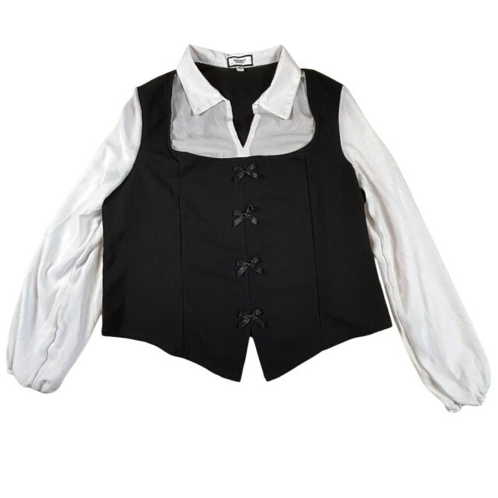 Discreet Women's Black White Long Sleeve Blouse Bow 1X 90s Retro Schoolgirl Crop - Picture 2 of 9